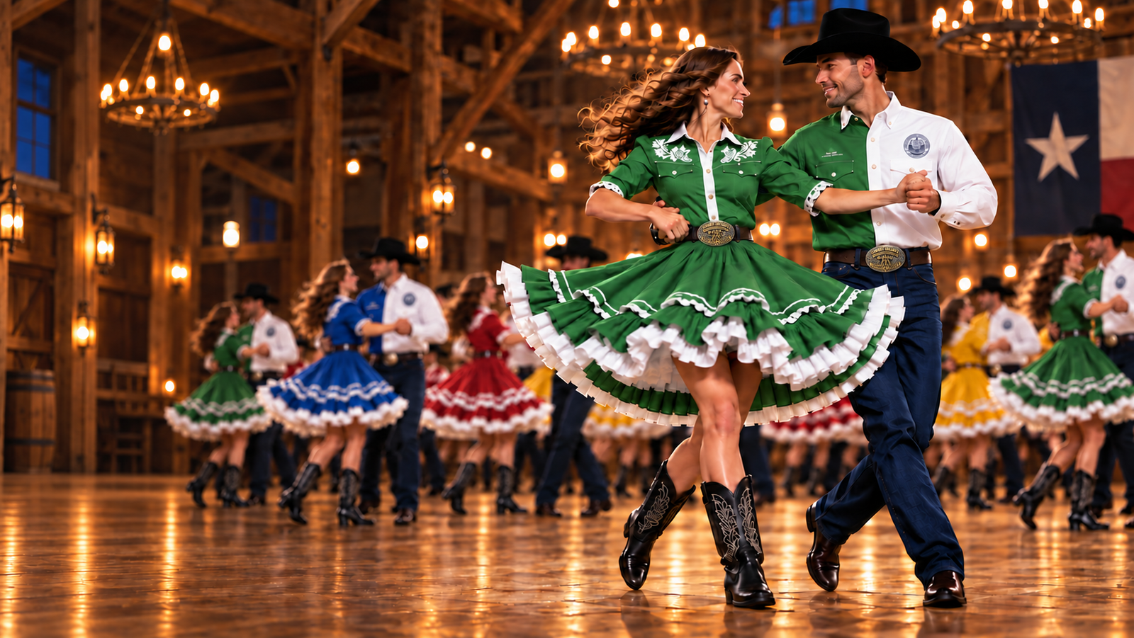 Cowboy Squares competition teams dancing in a Fort Worth dance hall